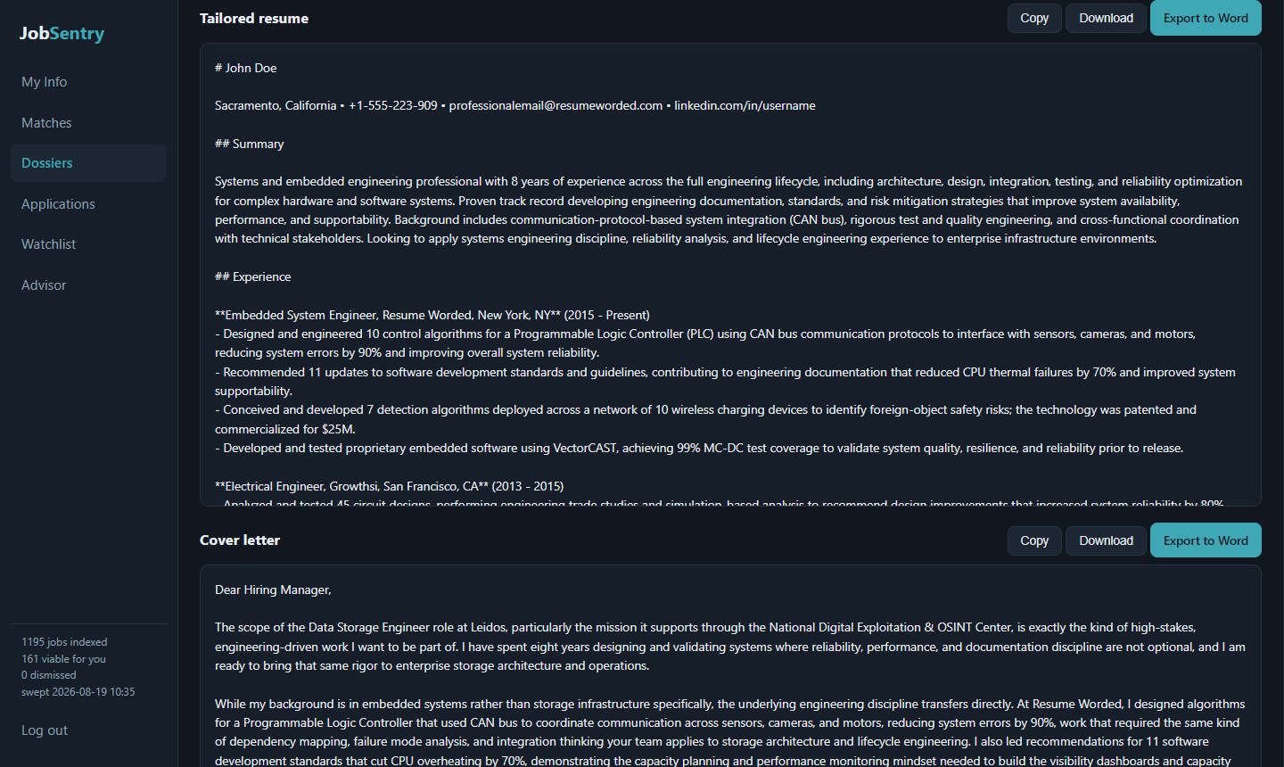 Generated tailored resume and cover letter