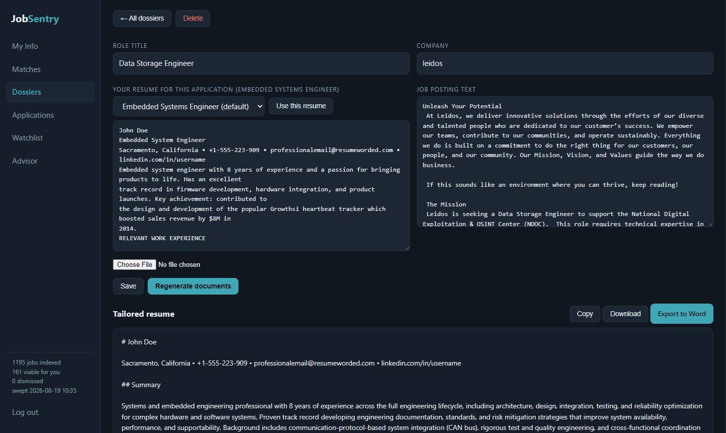 Dossier editor with resume and job posting