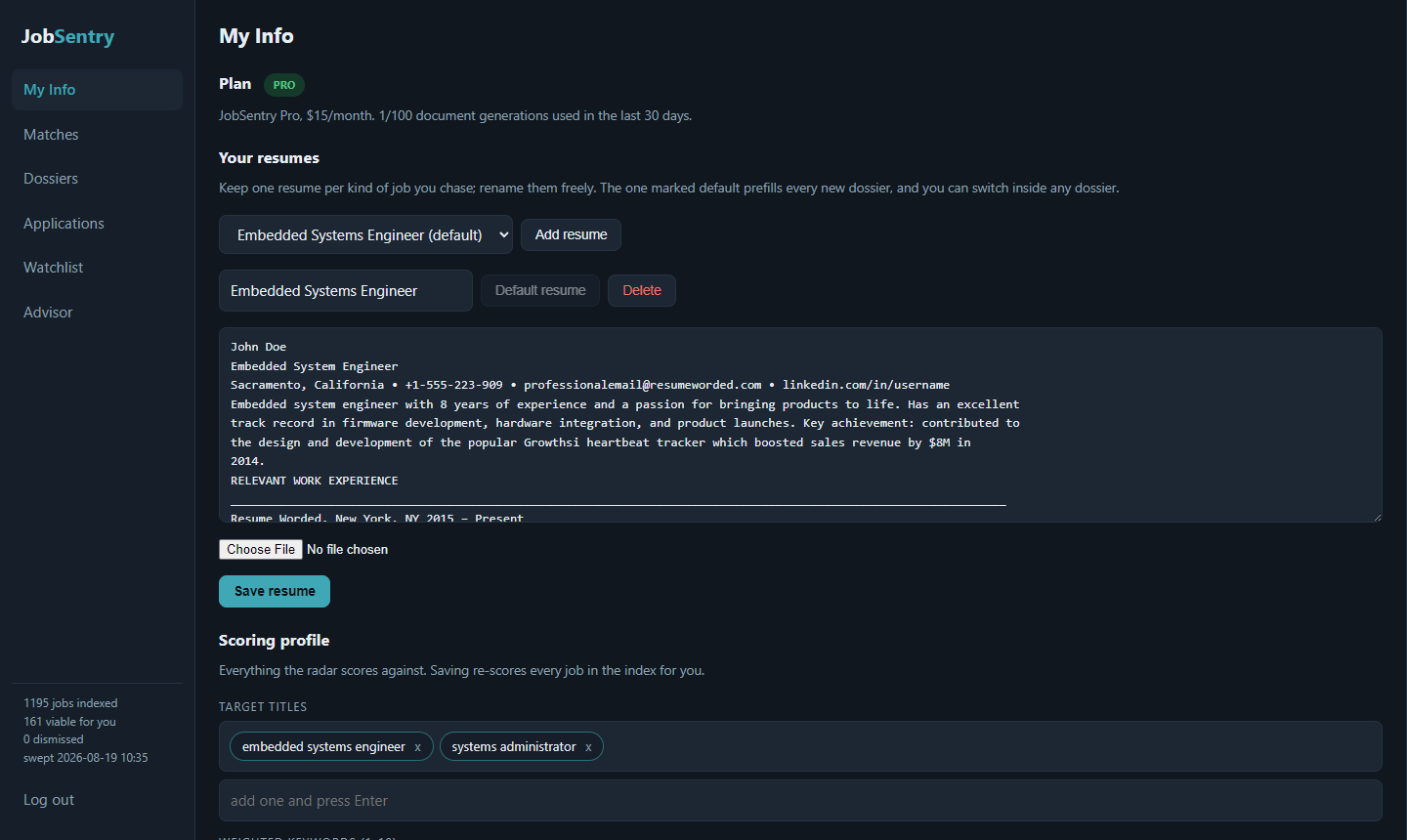 My Info: resume manager and scoring profile